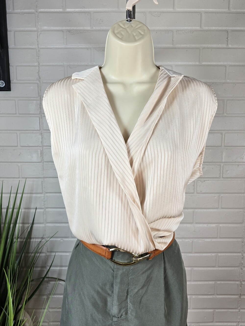 Modern Works Cream Satin Pin Stripe Surplice Blouse Size Medium
